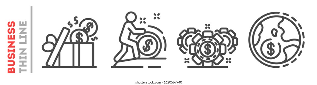 Conjunto de íconos de línea delgada sobre bolsa o mercado de valores aislados en blanco. Esbozar la inversión, el beneficio en la colección de pictogramas de negocios. Ahorros, elementos vectores de ingresos para infografía, web, logos.