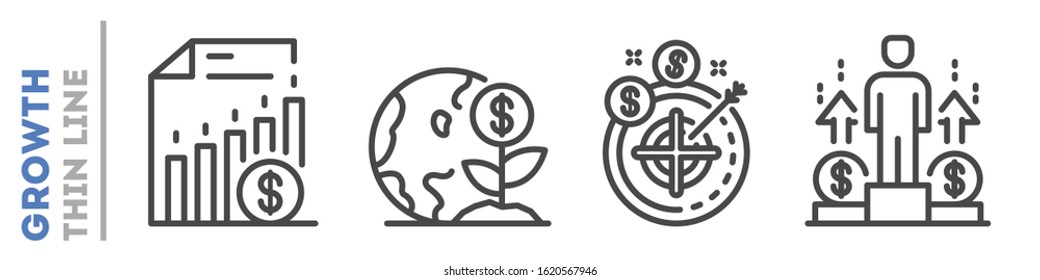 Set of thin line icons about financial or sales growth isolated on white. Outline business development pictograms collection. Success logos. Motivation, profit vector elements for infographic, web.