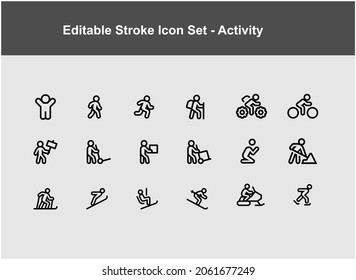 set of thin line icons about men doing various activities outside the home. editable stroke icon set