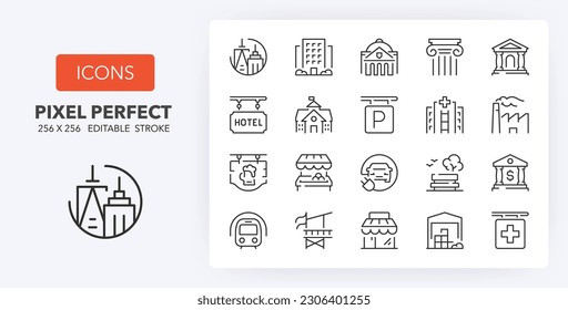 Set of thin line icons about city buildings and services. Outline symbol collection 1of 2. Editable vector stroke. 256x256 Pixel Perfect scalable to 128px, 64px...