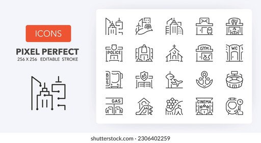 Set of thin line icons about city buildings and services. Outline symbol collection 2of 2. Editable vector stroke. 256x256 Pixel Perfect scalable to 128px, 64px...