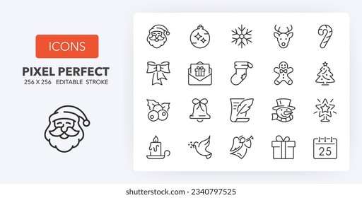 Set of thin line icons about Christmas, party and celebrations 1 of 2. Outline symbol collection. Editable vector stroke. 256x256 Pixel Perfect scalable to 128px, 64px...