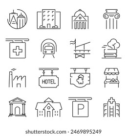 Set von dünnen Linien-Icons über Stadtgebäude und Dienstleistungen