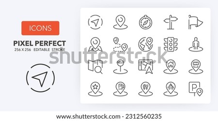 Set of thin line icons about navigation and location. Outline symbol collection 1of 2. Editable vector stroke. 256x256 Pixel Perfect scalable to 128px, 64px...