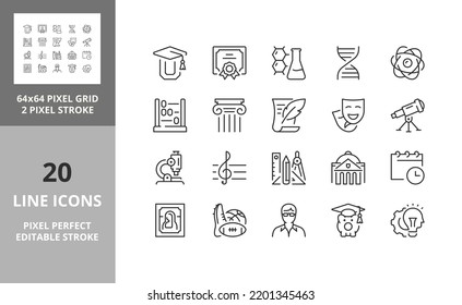 Set of thin line icons of academic subjects and education. Outline symbol collection. Editable vector stroke. 64 and 256 Pixel Perfect scalable to 128px