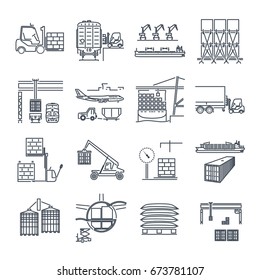 set of thin line icons air, sea, rail freight terminal, storage