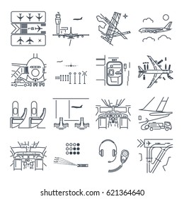 set of thin line icons airport and airplane, terminal, runway, cockpit