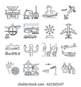 set of thin line icons airport and airplane, control tower, aircraft