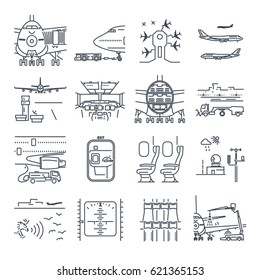 set of thin line icons airport and airplane, ground handling, plane  maintenance