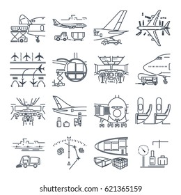 set of thin line icons airport and airplane, freight, cargo aircraft