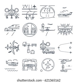 set of thin line icons airport and airplane, business jet