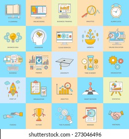 Set of thin line icons of alarm clock finance, organization, smart decision, cloud services, time planning, business idea, analytics, education, online education, professional education, time is money