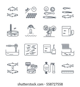 Set Of Thin Line Icons Aquaculture Production Process, Fish Farming