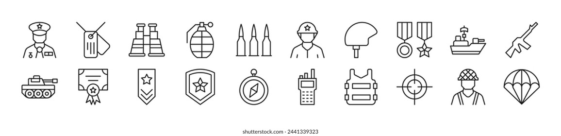 Conjunto de iconos de línea delgada del ejército. Trazo editable. Ilustración lineal simple para sitios web, periódicos, libros de artículos 