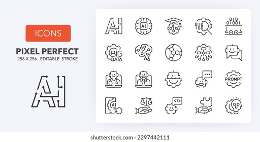 Set of thin line icons of artificial intelligence. Outline symbol collection. Editable vector stroke. 256x256 Pixel Perfect scalable to 128px, 64px...