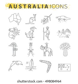 Set of thin line icons . Australian travel theme. Australian landmarks and emblems