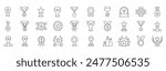 Set of thin line icons of awards and acknowledgements. Outline symbol collection. Contains such icons as medal, trophy, the best, achievement, excellence and certificate. Editable stroke.