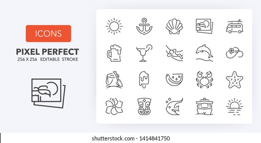 Set of thin line icons of beach activities and summer. Outline symbol collection. Editable vector stroke. 256x256 Pixel Perfect scalable to 128px, 64px...