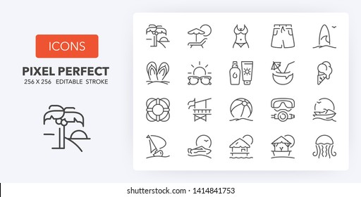 Set of thin line icons of beach activities and summer. Outline symbol collection. Editable vector stroke. 256x256 Pixel Perfect scalable to 128px, 64px...