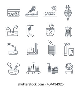 set of thin line icons beer production process