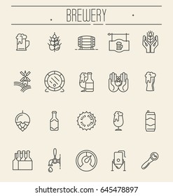 Set of thin line icons of beer and brewery. Modern vector illustration.