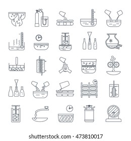 set of thin line icons beverage production process