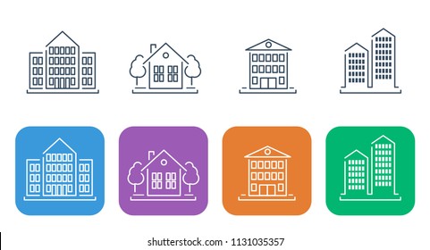 Set of thin line icons for building. Different types of buildings. Buildings, offices, houses, skyscrapers.