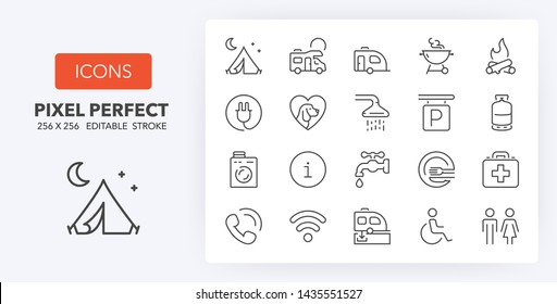 Set of thin line icons of camping, services. Outline symbol collection. Editable vector stroke. 256x256 Pixel Perfect scalable to 128px, 64px...