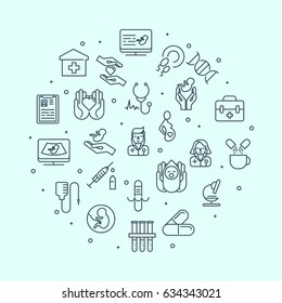 Set Of Thin Line Icons In The Circle. Medicine And Healthcare. Diagnostic Of Pregnant Woman, Newborn. Doctors With Stethoscope. Medical Equipment And Medicine. Vector Illustration For Background.