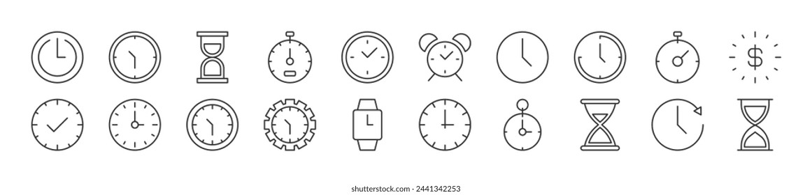 Set of thin line icons of clock as time. Editable stroke. Simple linear illustration for web sites, newspapers, articles book 