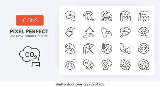 Set of thin line icons of co2, climate change and co2 emissions. Outline symbol collection. Editable vector stroke. 256x256 Pixel Perfect scalable to 128px, 64px...