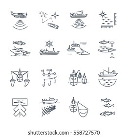 set of thin line icons commercial fishing process