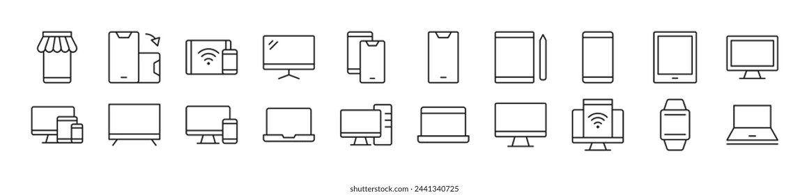 Set of thin line icons of computers, phones, laptops. Editable stroke. Simple linear illustration for web sites, newspapers, articles book 