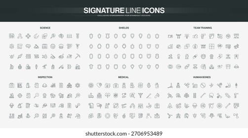 Conjunto de íconos de línea delgada que cubren temas de ciencia, escudos, capacitación de equipos, inspección, medicina y huesos humanos, adecuados para diversos temas educativos y profesionales Ilustración vectorial aislada