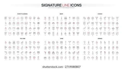 Set of thin line icons covering event planning, beer, tea, wine, drinks, and choice concepts with modern minimalist style for diverse hospitality, beverage themes isolated vector illustration