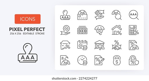 Set of thin line icons of credit rating. Outline symbol collection. Editable vector stroke. 256x256 Pixel Perfect scalable to 128px, 64px...