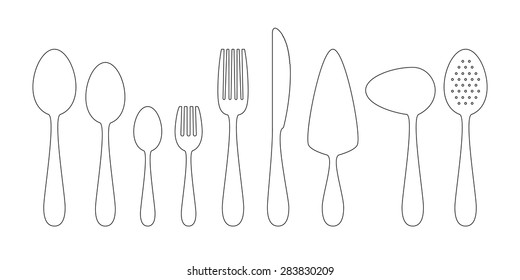 Set of thin line icons cutlery isolated on white background. Fork, spoon, knife, spatula, spoon sauce line art illustration with long shadow. Tableware icon set.