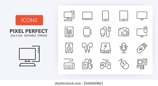 Set of thin line icons of devices. Outline symbol collection. Editable vector stroke. 256x256 Pixel Perfect scalable to 128px, 64px...