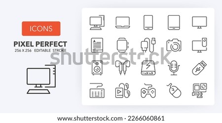 Set of thin line icons of devices. Outline symbol collection. Editable vector stroke. 256x256 Pixel Perfect scalable to 128px, 64px...