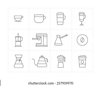 Set of thin line icons with different coffee beverages and ways of preparing