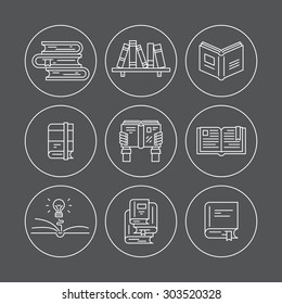 Set of thin line icons with different types of books. Vector education illustration. Reading pictogramm in circles.
