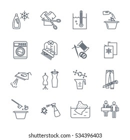 set of thin line icons dry cleaning and laundry service production process