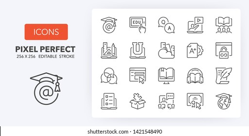 Set of thin line icons of e-learning and online education. Outline symbol collection. Editable vector stroke. 256x256 Pixel Perfect scalable to 128px, 64px...