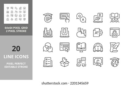 Set of thin line icons of e-learning and online education. Outline symbol collection. Editable vector stroke. 64 and 256 Pixel Perfect scalable to 128px