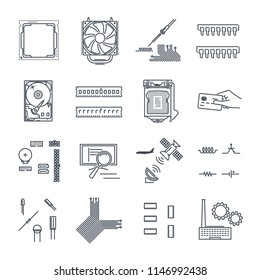 set of thin line icons electronics, computer components, hard drive, processor