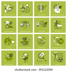 Set of thin line icons of environment, renewable energy, sustainable technology, recycling, ecology solutions. Premium quality icons for website, mobile website and app design.