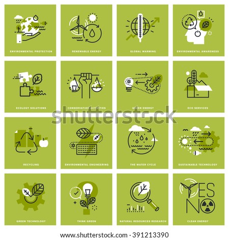 Set of thin line icons of environment, renewable energy, sustainable technology, recycling, ecology solutions. Premium quality icons for website, mobile website and app design.