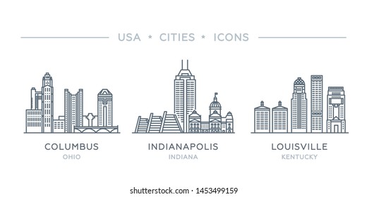 Set thin line icons of famous and largest cities of USA. State of Ohio, Indiana, Kentucky. Columbus, Indianapolis, Louisville. Vector illustration, flat design, white isolated. Icons for web, mobile