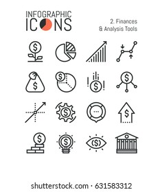 Set of thin line icons, finances and analysis tools: accounting, income growth, budget planning, taxation, money saving, monetary policy. Vector illustration for website, banner, presentation, report.