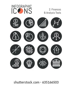 Set of thin line icons, finances and analysis tools: accounting, income growth, budget planning, taxation, money saving, monetary policy. Vector illustration for website, banner, presentation, report.